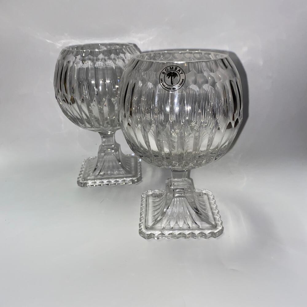 New Bombay 24% Lead Crystal Poland 2 Ribbed Glass Pedestal Centerpiece Candle